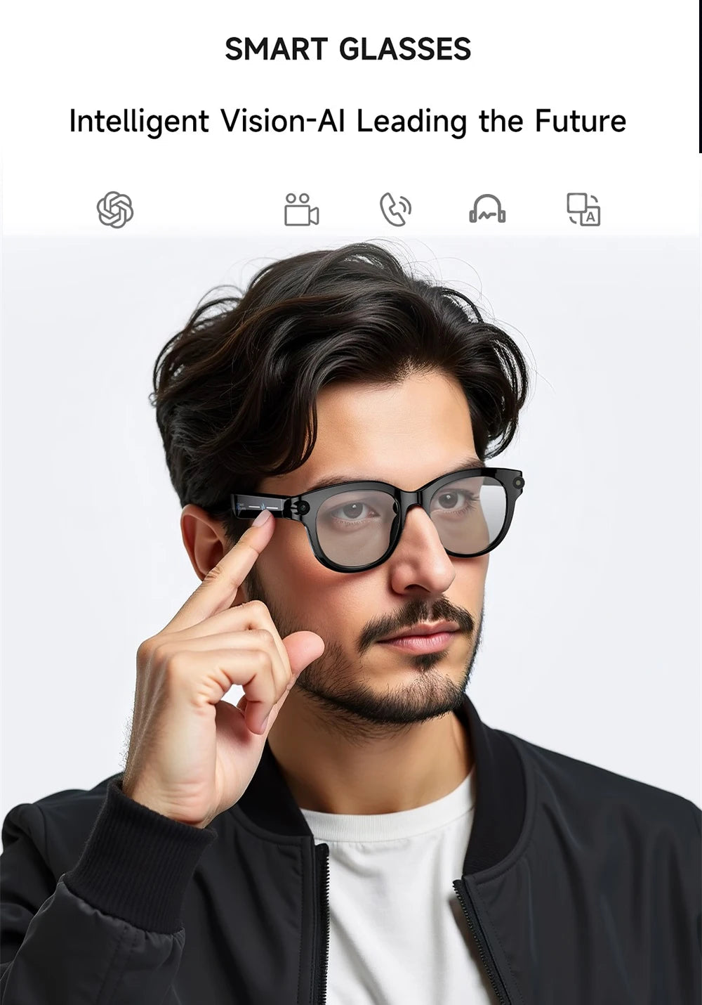 Lunettes intelligentes IA, traduction en temps réel, double caméra, appels Bluetooth, lecteur audio et vidéo, lecteur de musique, multifonctions pour hommes