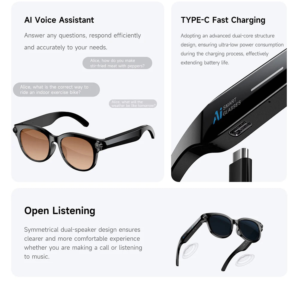 Lunettes intelligentes IA, traduction en temps réel, double caméra, appels Bluetooth, lecteur audio et vidéo, lecteur de musique, multifonctions pour hommes